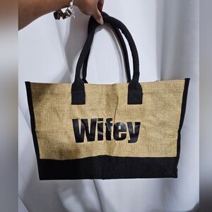 Black and Tan Tote Bag WIFEY burlap